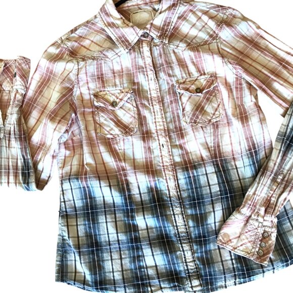 Bleached Shirt, Junior Size Medium: Upcycled Hand Painted Plaid Top - Picture 6 of 12